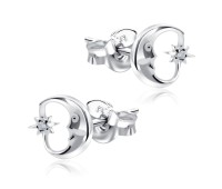 Crescent Star With CZ Stone Silver Ear Stud STS-5524